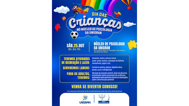 Núcleo de Psicologia da UNIGRAN convida comunidade para ação alusiva ao Dia das Crianças